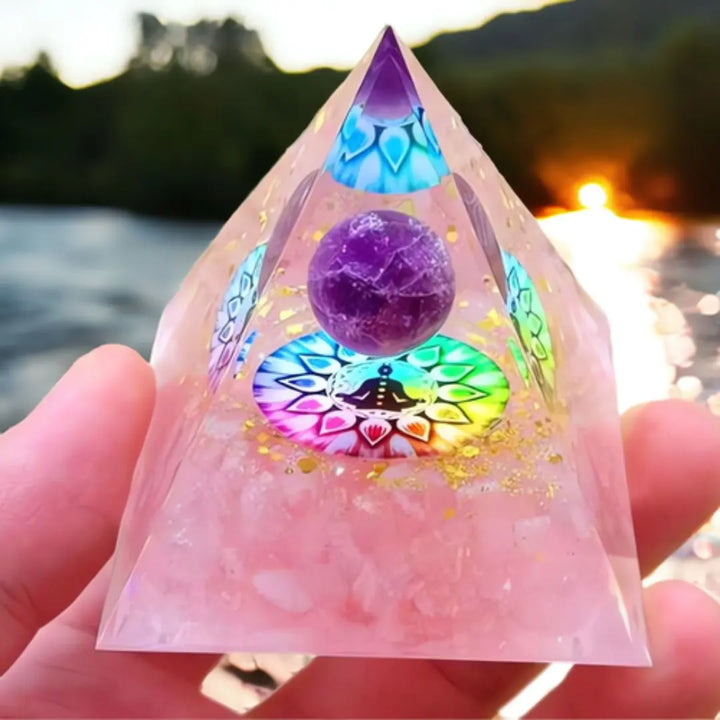 Pirâmide de Orgonite com Quartzo Rosa e 7 Chakras sendo segurada ao ar livre, com um cenário natural ao fundo.